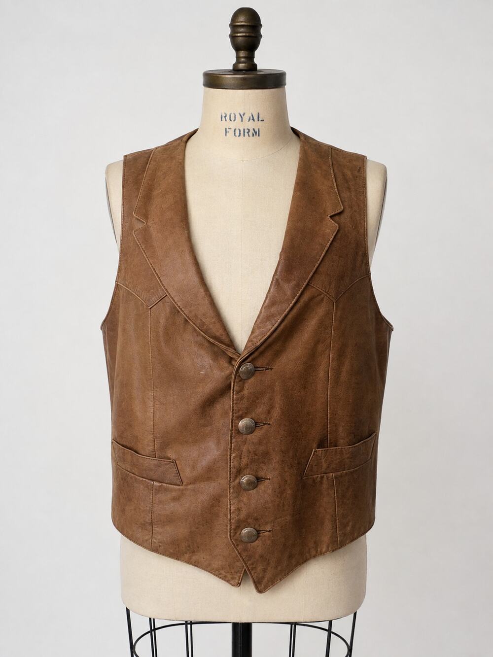 VTG 80s Continental Leather Men's 44 Brown Western Vest Buffalo Nickel Buttons